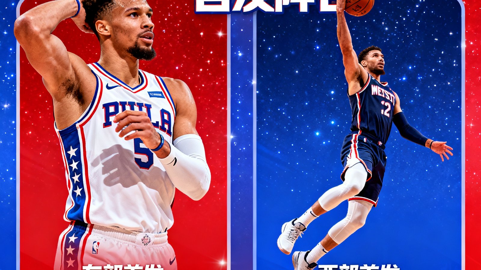 NBA全明星赛投票结果公布，海报展示东西部首发阵容球员形象，色彩鲜明。