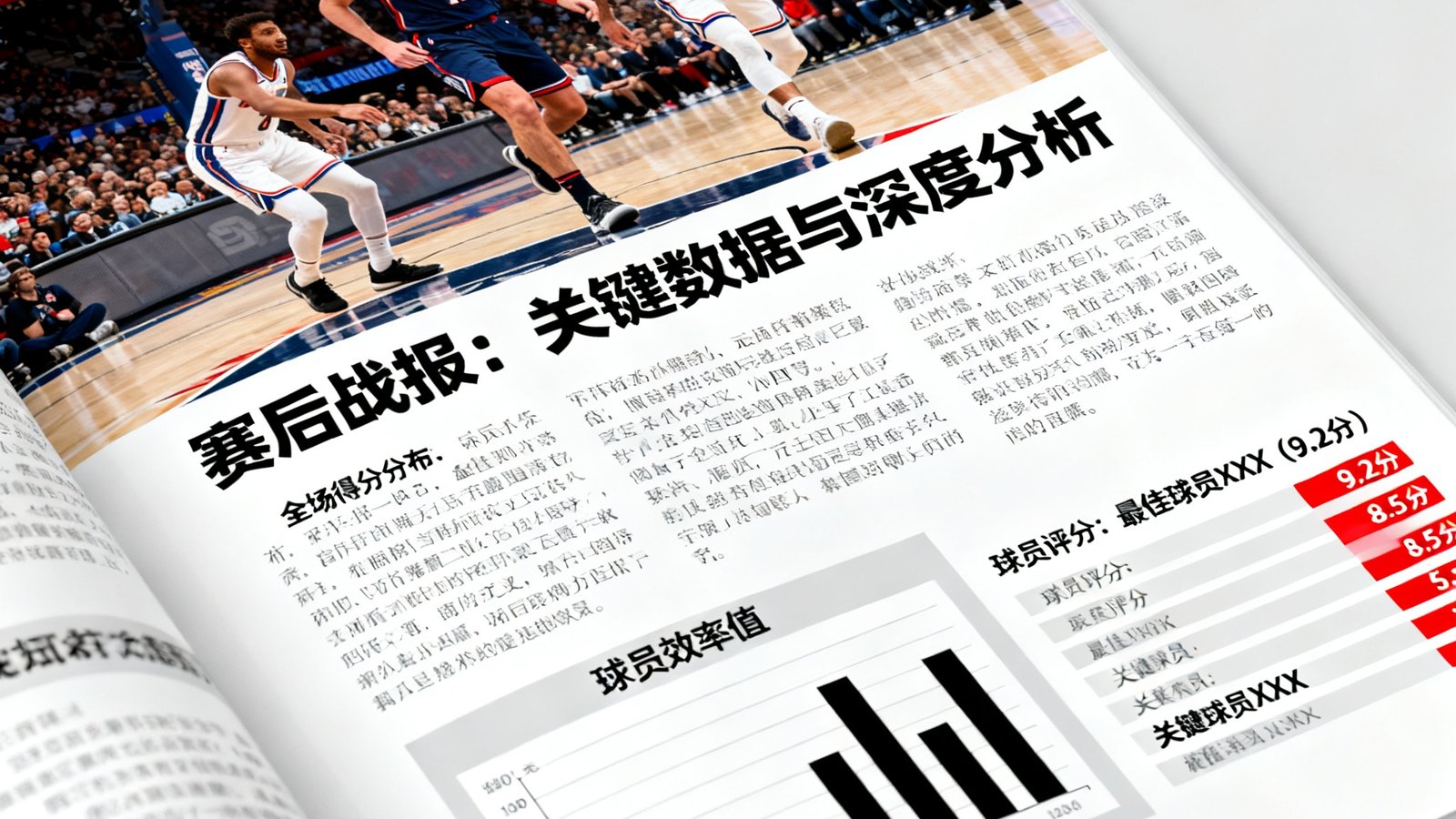 赛后战报文章页面，顶部为比赛精彩瞬间的大图，下方配以详细文字分析，穿插数据图表和球员评分，页面排版整洁，采用杂志风格的图文混排布局。
